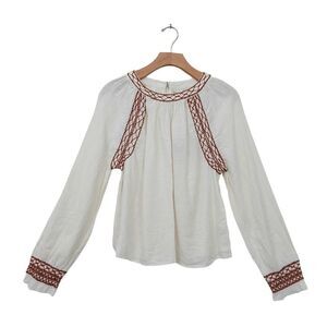 Faherty Top Womens Large Beige Long Sleeve Embroidered Round Neck Bohemian